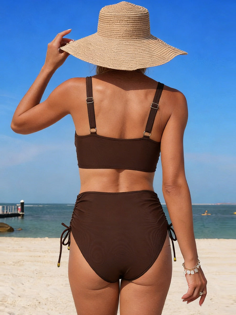 Emoswim - Women's High Waisted Bikini Sets Drawstring Tummy Control Swimsuits Crisscross Tie Back Bathing Suit