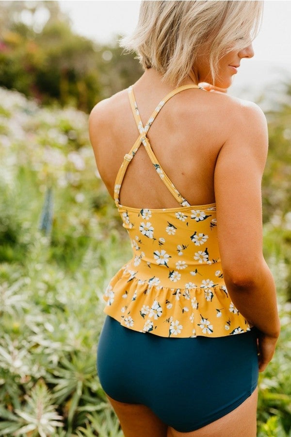 Emoswims - Peplum Tankini Swim In Mustard Daisy