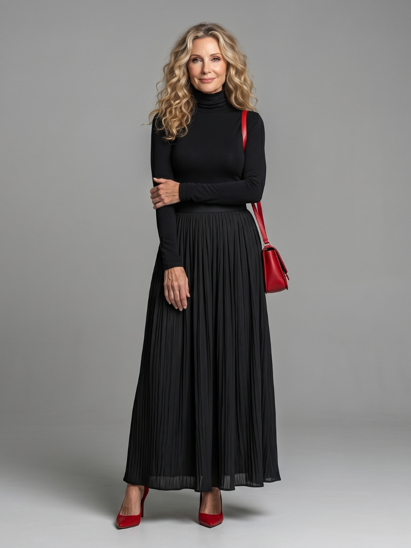 Lana | Vestido midi de manga larga con cuello alto y cintura marcada