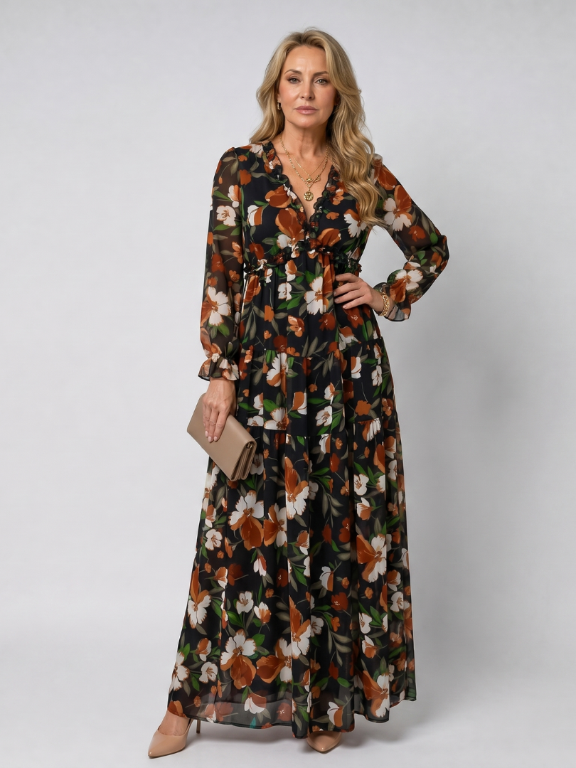 Camelo | Vestido maxi de estampado floral, mangas largas y falda en capas