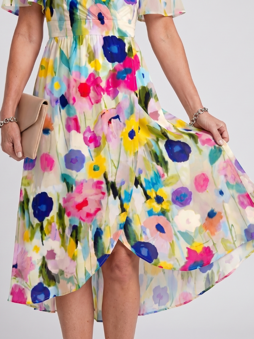 Mirabel | Vestido midi con estampado floral, mangas con volante y cintura fruncida