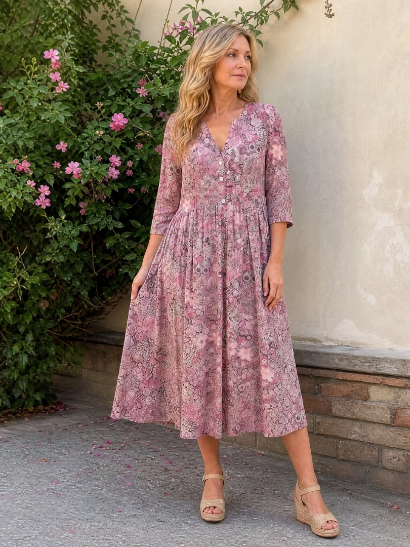 Picao | Vestido midi de aire vintage con abertura frontal y mangas tres cuartos