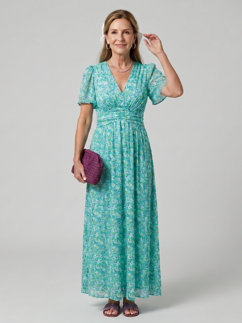 Juna | Vestido midi con estampado de florecitas y manga corta