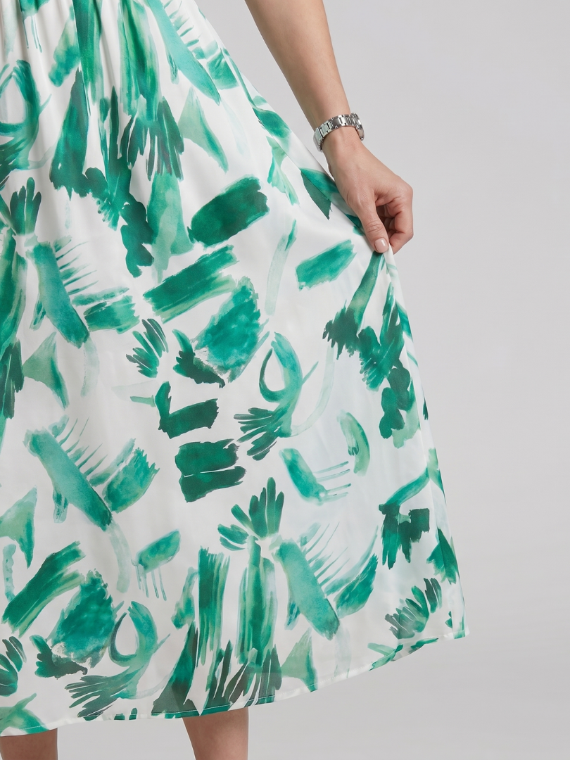 Candlia | Vestido midi de estampado abstracto con escote en V y mangas abullonadas