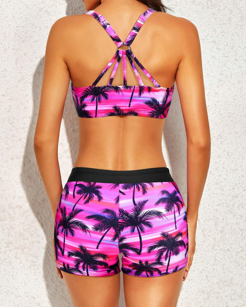 Emoswim - Women's 3 Piece Scoop Neck Criss Cross Tankini Swimsuits-Black Pink Palm Tree
