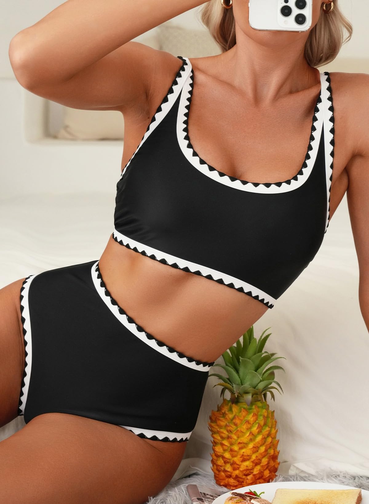 Emoswim - Women's Bikini Sets Floral Print Whip Stitch 2 Piece Swimsuits High Waisted Scoop Bathing Suits