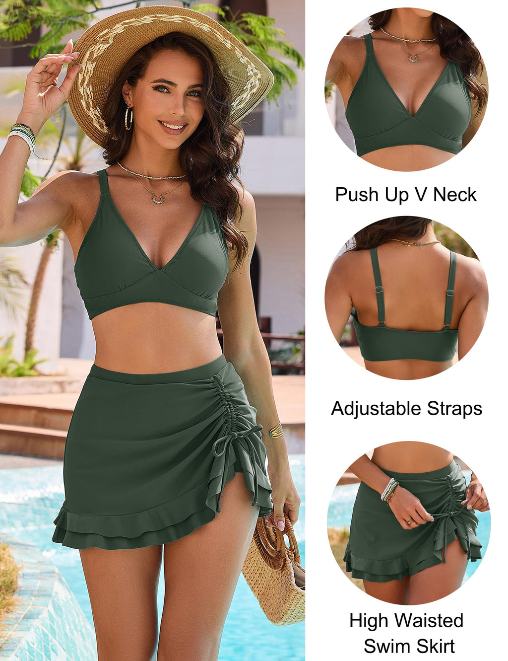 Emoswims - Women's High Waisted Bikini Sets Tummy Control Swim Skirt Two Piece Swim Suit