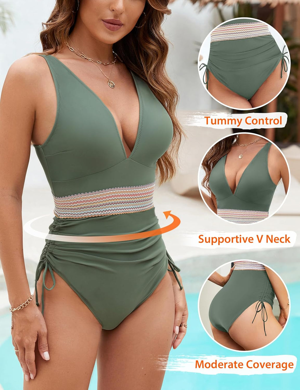 Emoswims - Women Tummy Control Swimsuits One Piece Slimming Modest Bathing Suit Color Block Drawstring Swim Suits