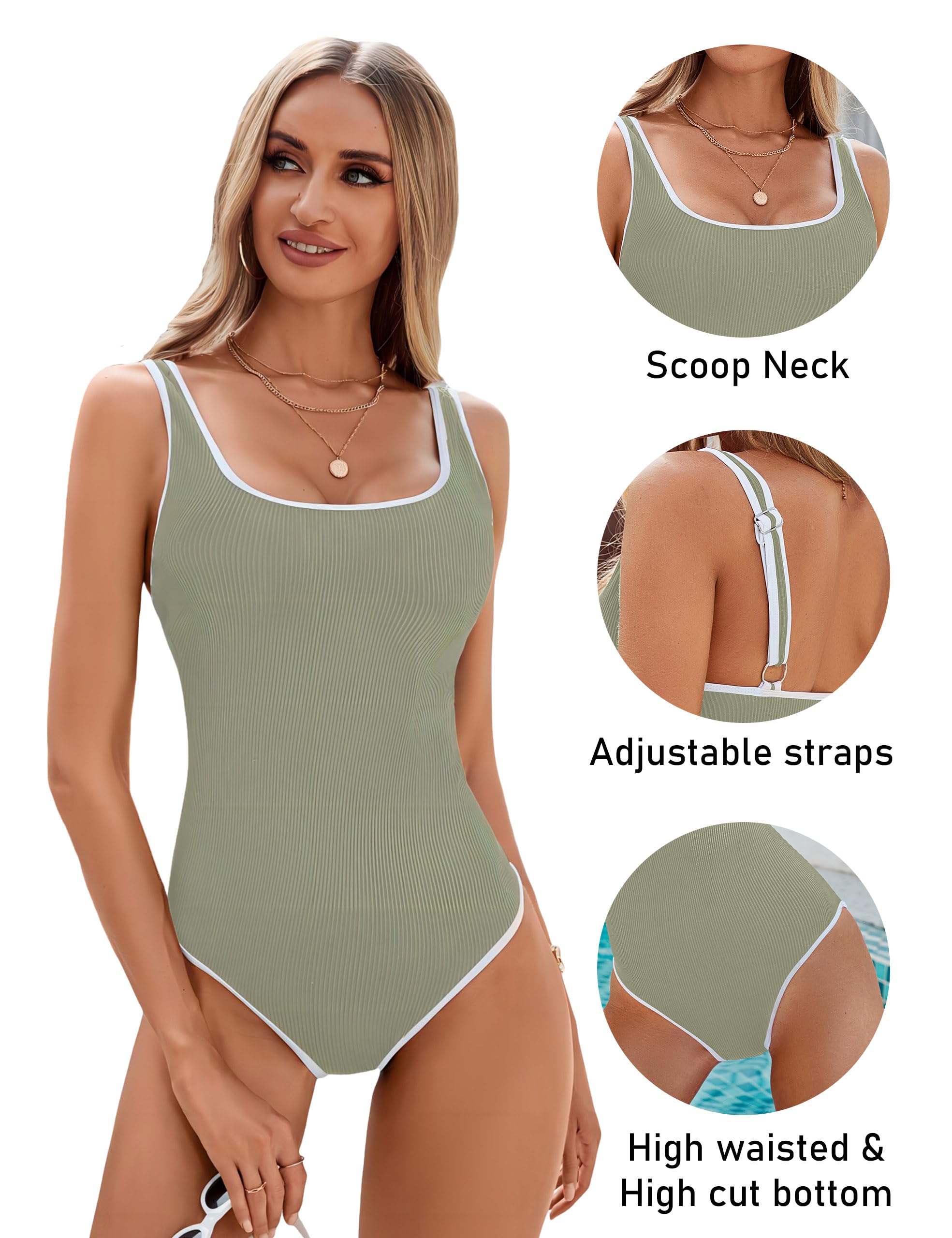 Emoswims - Women's One Piece Swimsuit Sports Adjustable Strap Bathing Suit Color Block Ribbed High Cut Swimsuits