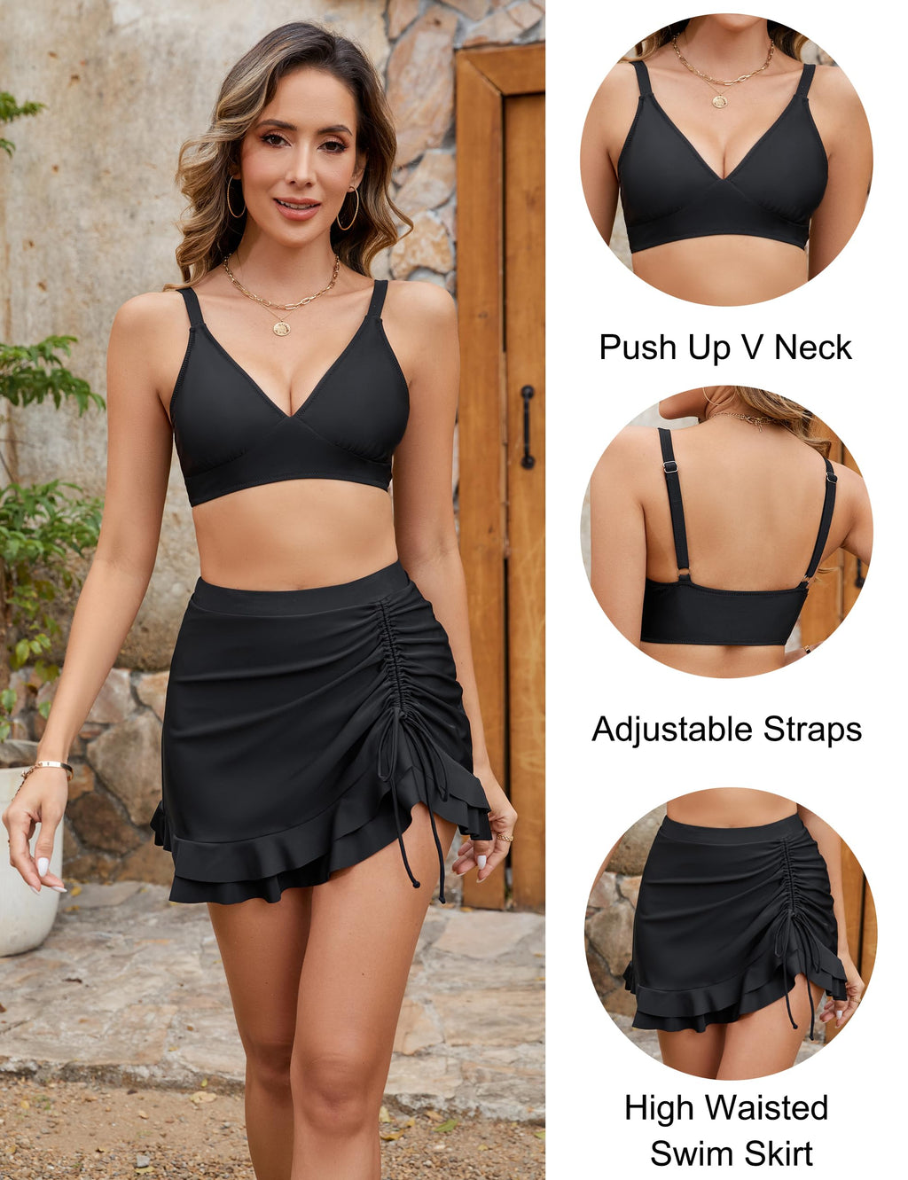 Emoswims - Women's High Waisted Bikini Sets Tummy Control Swim Skirt Two Piece Swim Suit