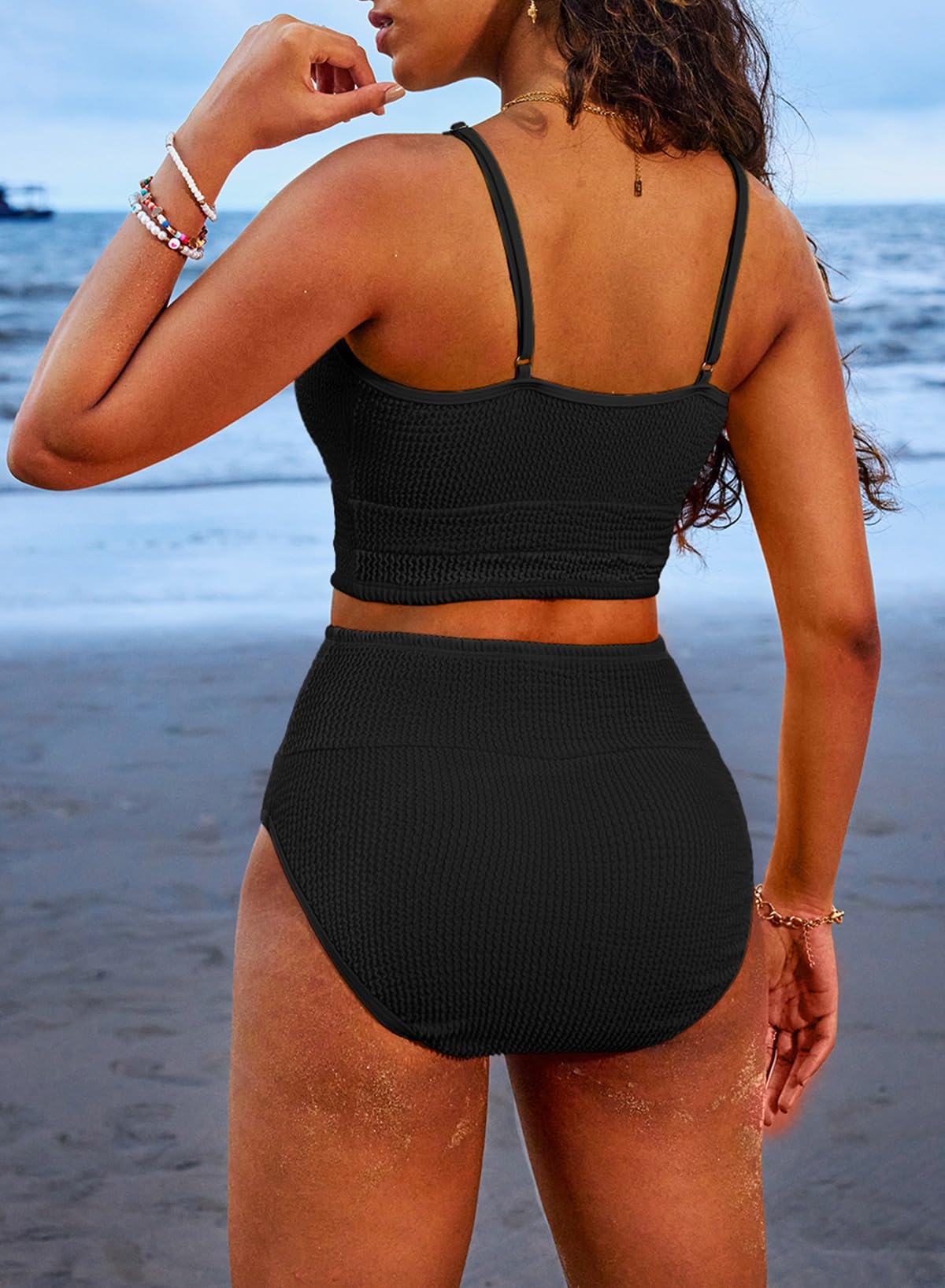 Emoswims - Women 2 Piece Bikini Set High Waisted Color Block Swimsuit Beach Scrunch Ribbed Bathing Suit
