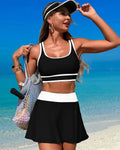 Emoswims - High Waisted Bikini Sets Tummy Control Swim Skirt Two Piece Swim Suit Tummy Control Color Block Bathing Suit