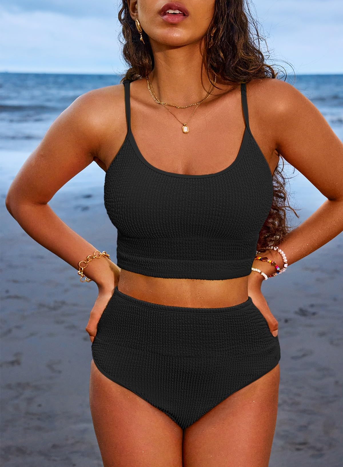 Emoswims - Women 2 Piece Bikini Set High Waisted Color Block Swimsuit Beach Scrunch Ribbed Bathing Suit