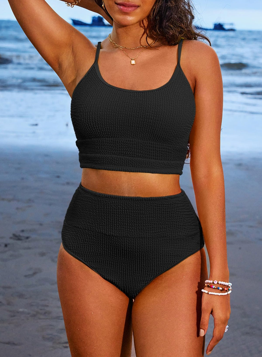 Emoswims - Women 2 Piece Bikini Set High Waisted Color Block Swimsuit Beach Scrunch Ribbed Bathing Suit