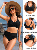 Emoswims - Womens High Waisted Bikini Sets Drawstring Tummy Control Swimsuits Crisscross Tie Back Bathing Suit