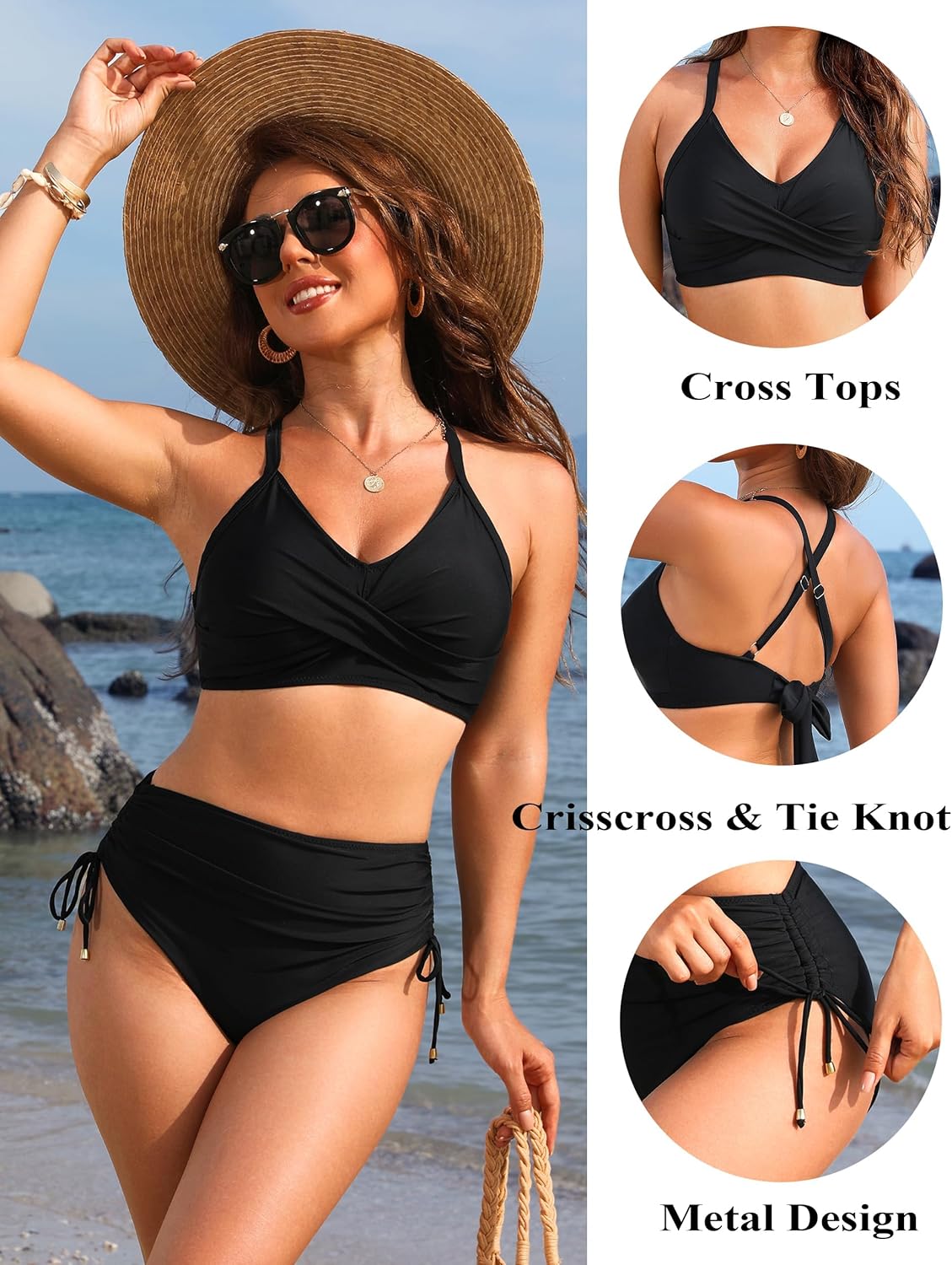 Emoswims - Womens High Waisted Bikini Sets Drawstring Tummy Control Swimsuits Crisscross Tie Back Bathing Suit