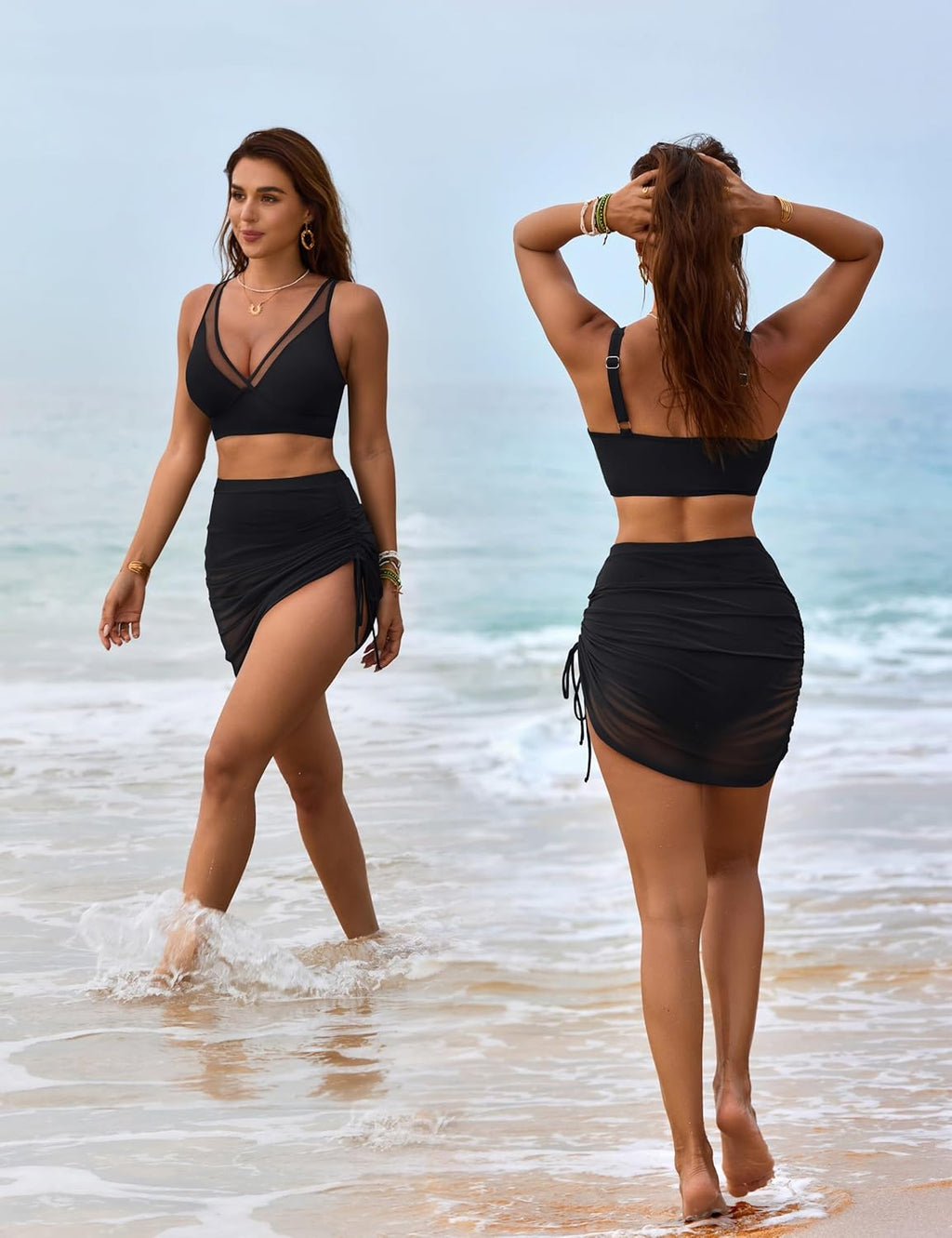 Emoswims - Womens Swim Skirt High Waisted Bikini Sets Tummy Control Swimsuits Mesh Sarong Wraps Bathing Suits