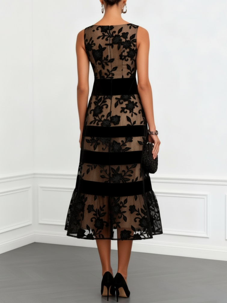 Gabriel Moreno - Vestido Midi A-Line Sin Mangas en Red Negra con Flores