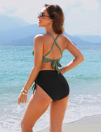 Emoswims - Womens High Waisted Bikini Sets Drawstring Tummy Control Swimsuits Crisscross Tie Back Bathing Suit