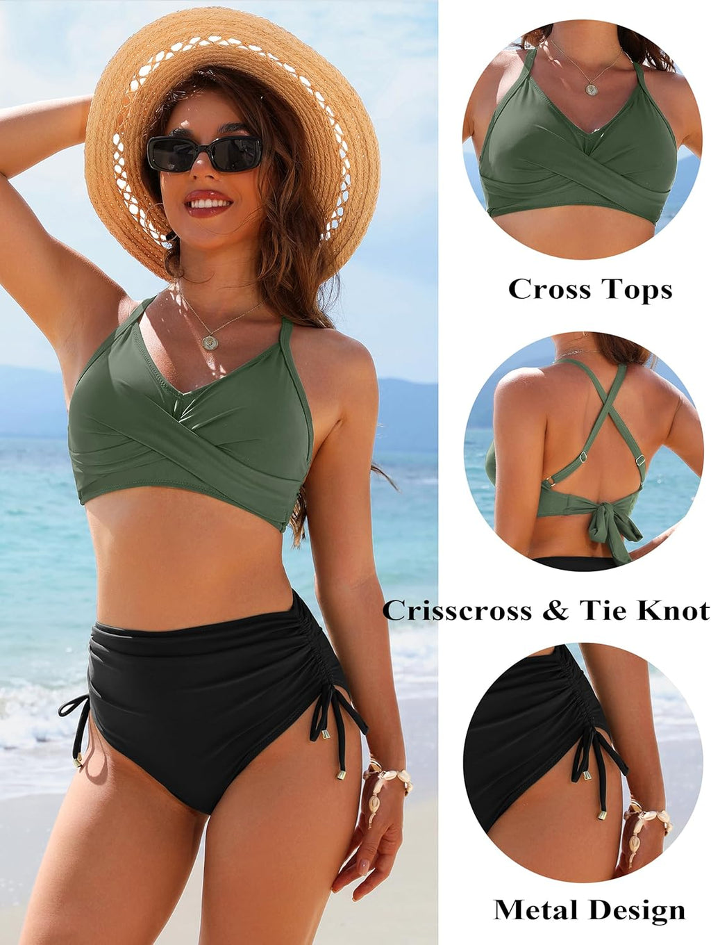 Emoswims - Womens High Waisted Bikini Sets Drawstring Tummy Control Swimsuits Crisscross Tie Back Bathing Suit