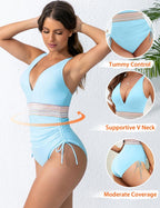 Emoswims - Women Tummy Control Swimsuits One Piece Slimming Modest Bathing Suit Color Block Drawstring Swim Suits