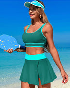 Emoswims - High Waisted Bikini Sets Tummy Control Swim Skirt Two Piece Swim Suit Tummy Control Color Block Bathing Suit