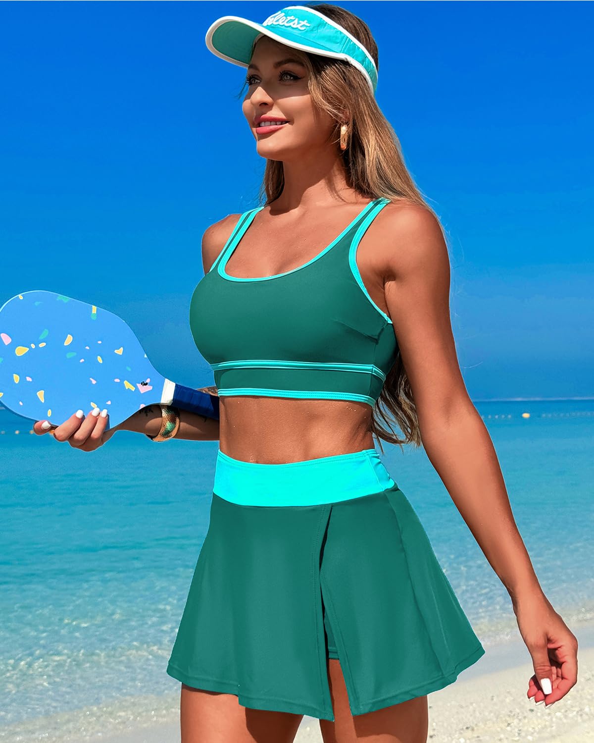 Emoswims - High Waisted Bikini Sets Tummy Control Swim Skirt Two Piece Swim Suit Tummy Control Color Block Bathing Suit
