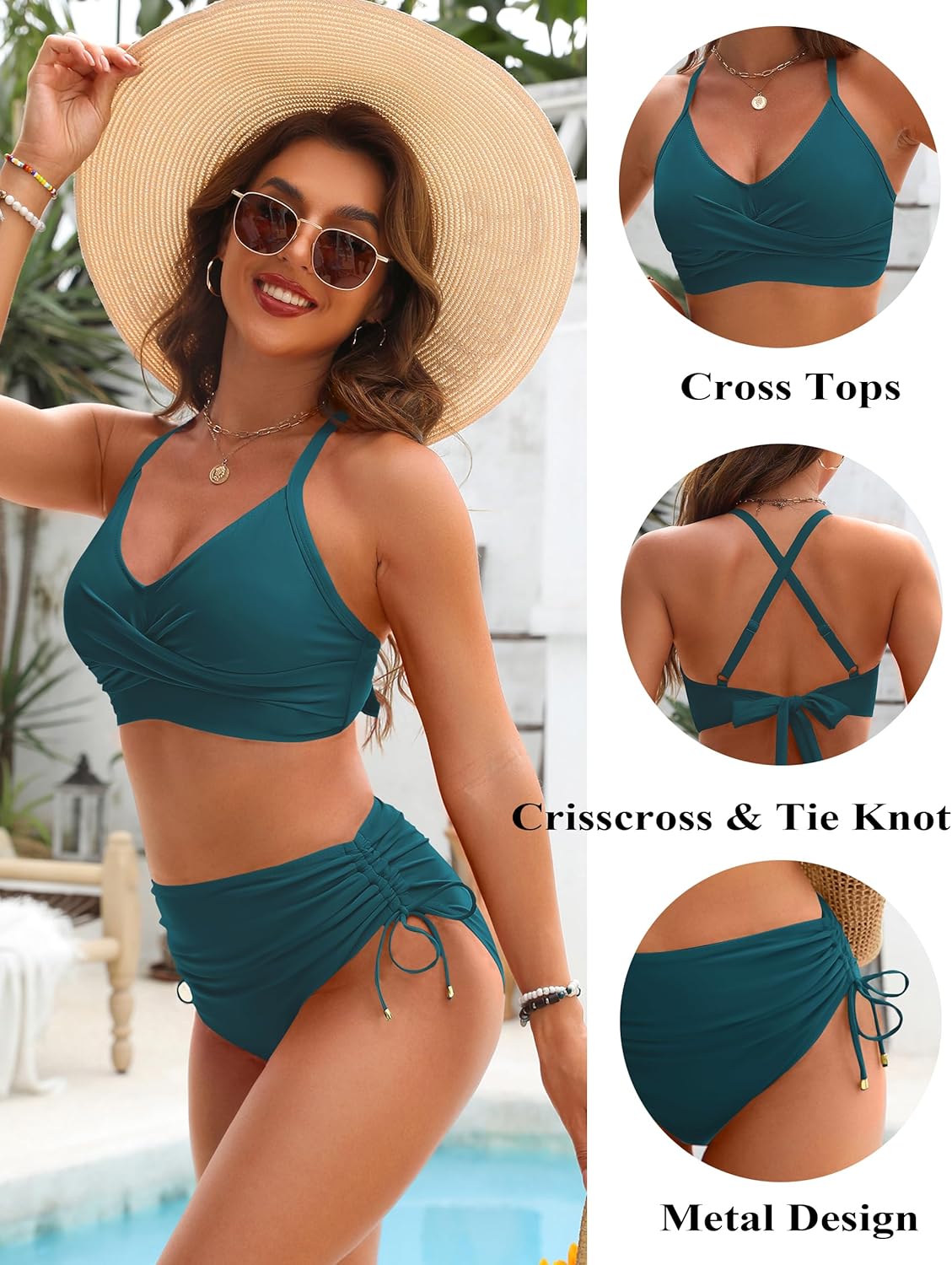 Emoswims - Womens High Waisted Bikini Sets Drawstring Tummy Control Swimsuits Crisscross Tie Back Bathing Suit