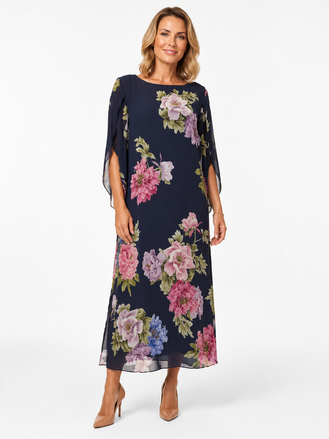 SAVIRA | Vestido largo con estampado floral en chifón ligero