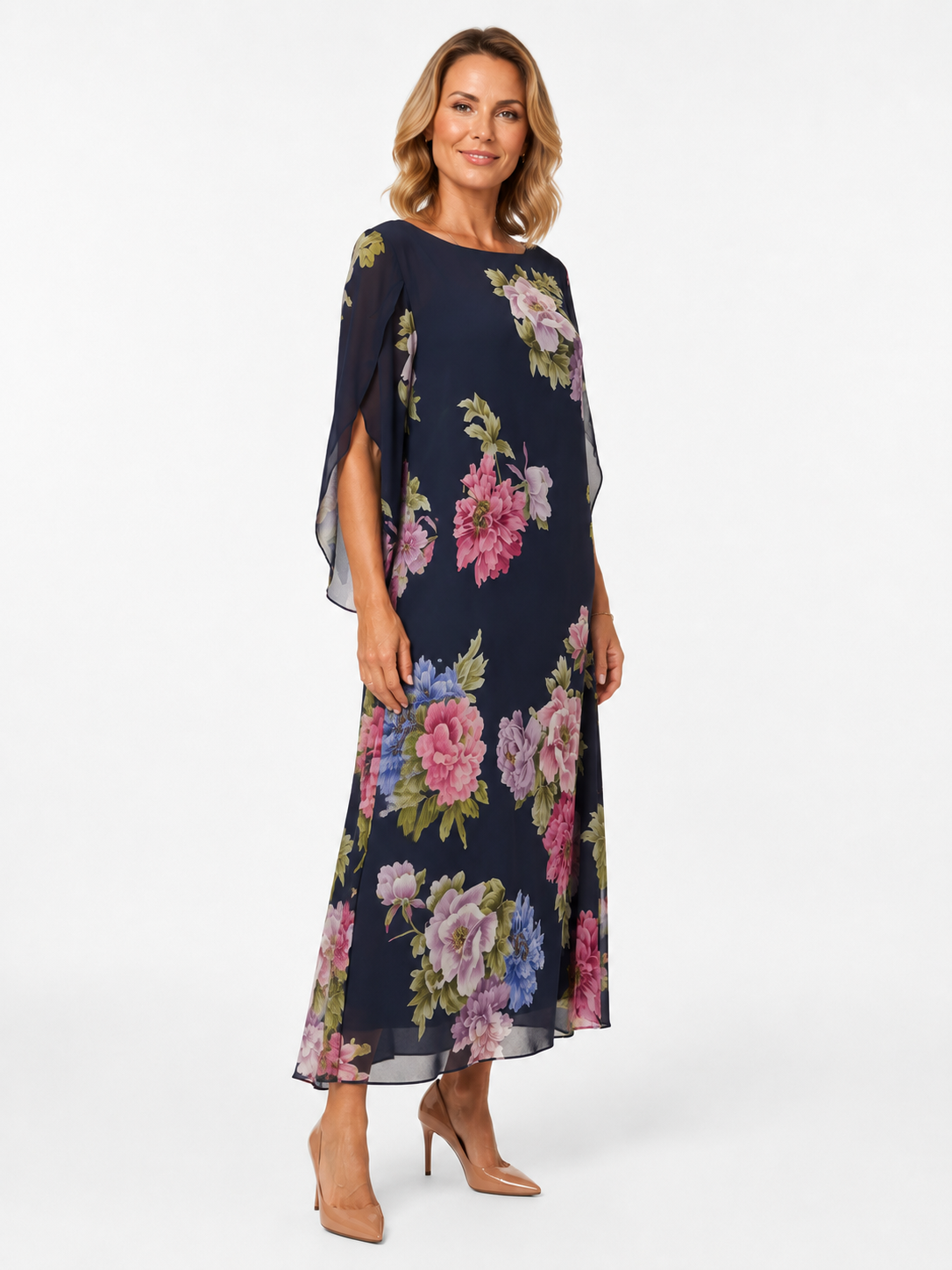 SAVIRA | Vestido largo con estampado floral en chifón ligero