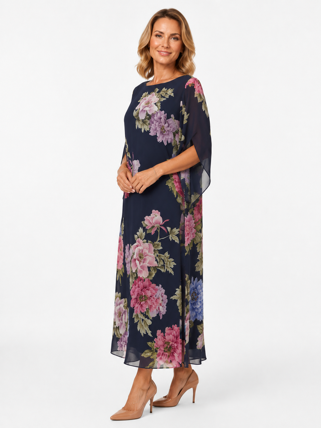 SAVIRA | Vestido largo con estampado floral en chifón ligero