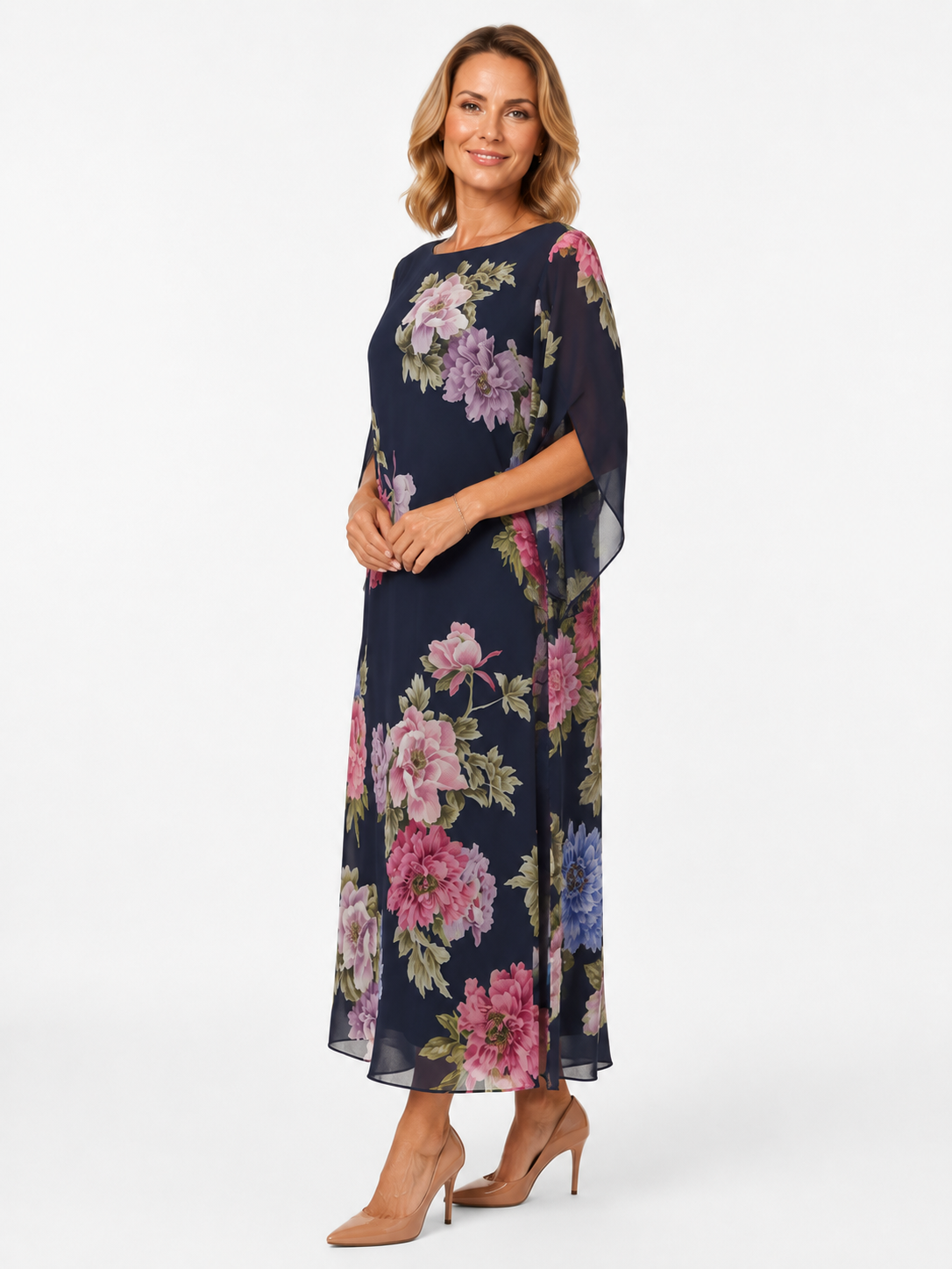 SAVIRA | Vestido largo con estampado floral en chifón ligero
