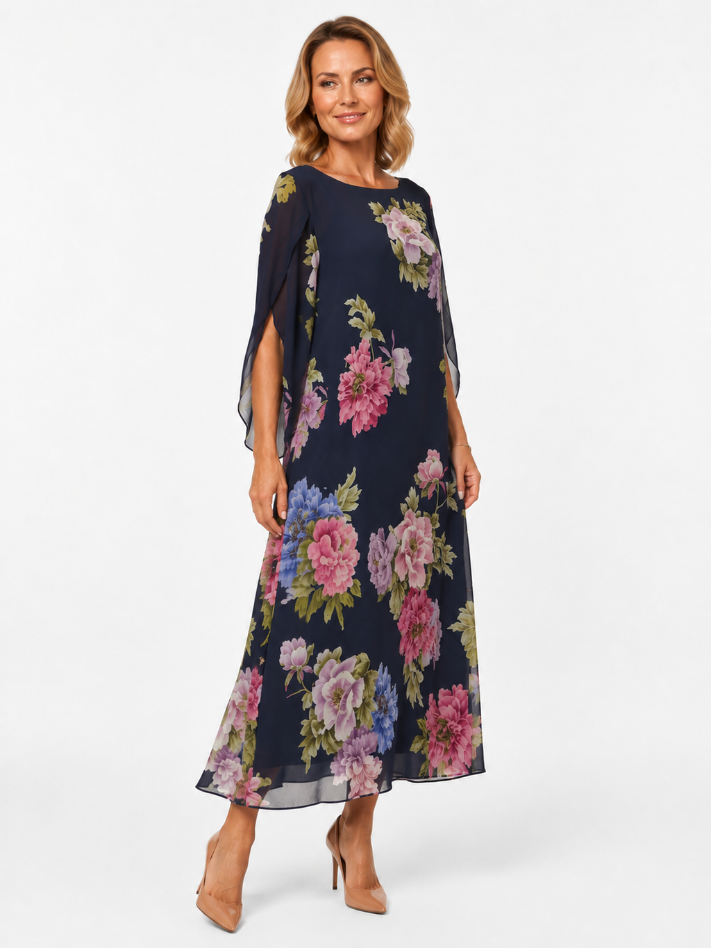 SAVIRA | Vestido largo con estampado floral en chifón ligero