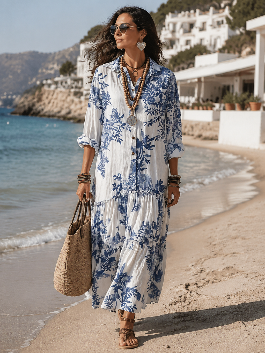 Dahlia™ | Vestido Maxi Bohemio Escalonado con Botonadura y Estampado Floral Azul
