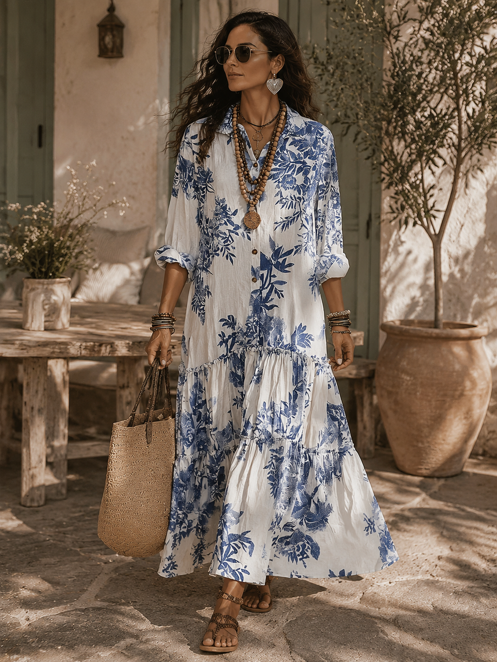 Dahlia™ | Vestido Maxi Bohemio Escalonado con Botonadura y Estampado Floral Azul