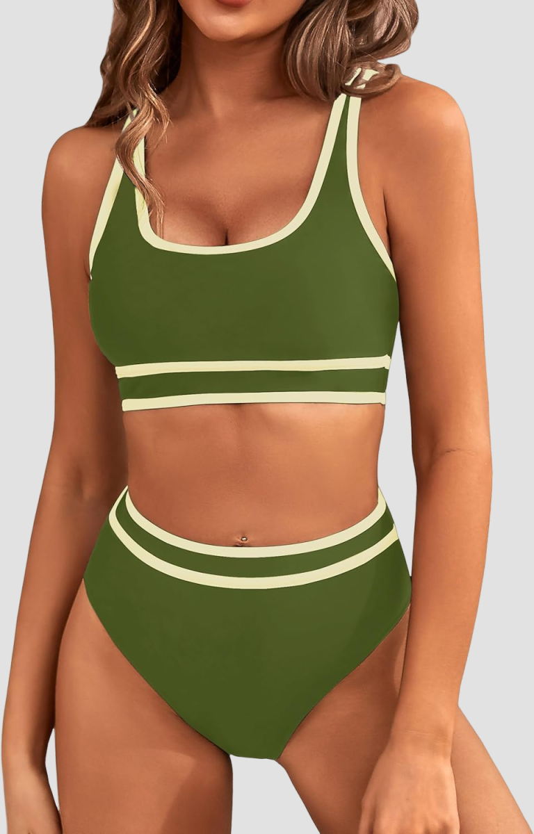 Emoswims - Women's High Waisted Bikini Sets Sporty Two Piece Swimsuits Color Block Cheeky High Cut Bathing Suits