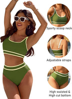 Emoswims - Women's High Waisted Bikini Sets Sporty Two Piece Swimsuits Color Block Cheeky High Cut Bathing Suits