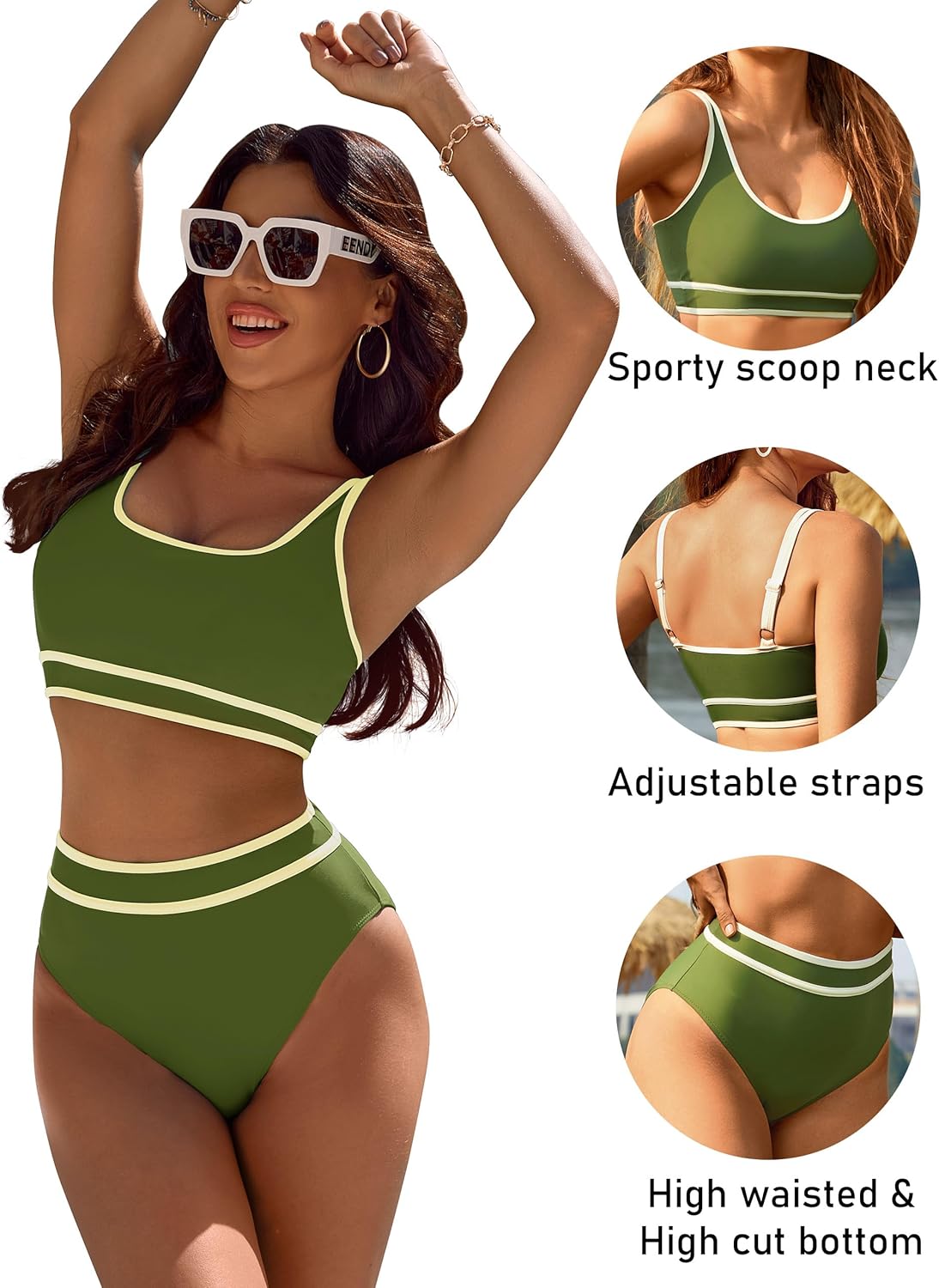 Emoswims - Women's High Waisted Bikini Sets Sporty Two Piece Swimsuits Color Block Cheeky High Cut Bathing Suits