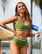 Emoswims - Women's High Waisted Bikini Sets Sporty Two Piece Swimsuits Color Block Cheeky High Cut Bathing Suits