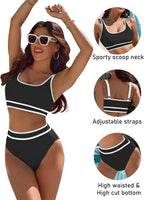 Emoswims - Women's High Waisted Bikini Sets Sporty Two Piece Swimsuits Color Block Cheeky High Cut Bathing Suits