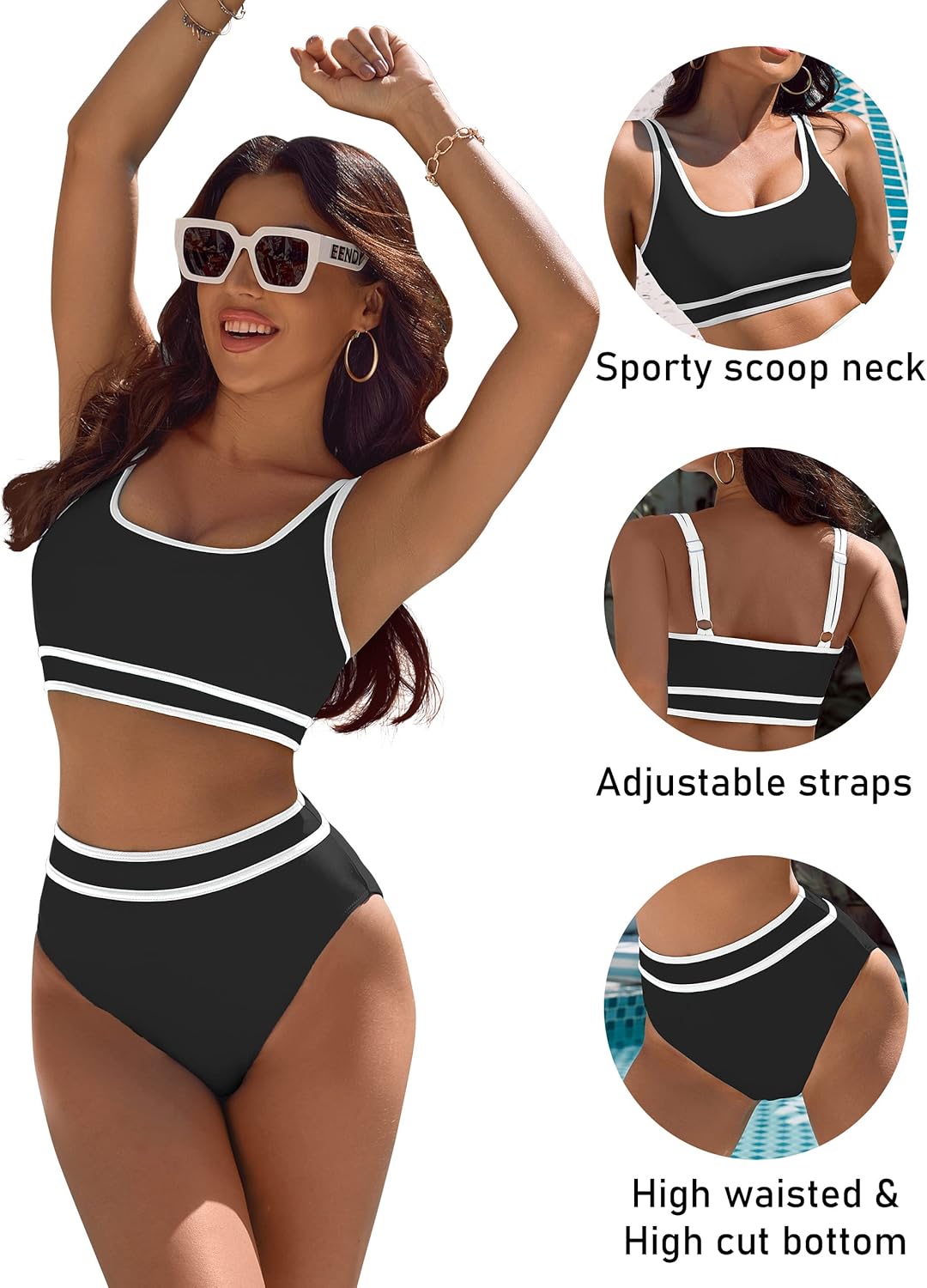 Emoswims - Women's High Waisted Bikini Sets Sporty Two Piece Swimsuits Color Block Cheeky High Cut Bathing Suits