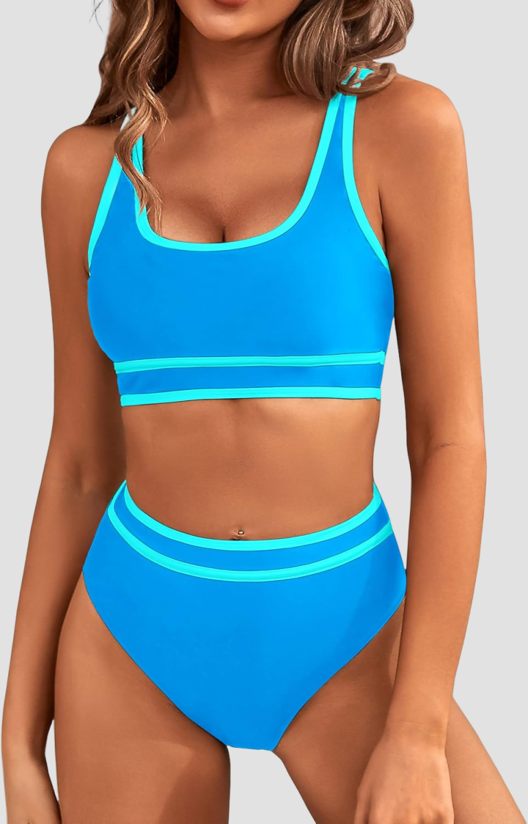 Emoswims - Women's High Waisted Bikini Sets Sporty Two Piece Swimsuits Color Block Cheeky High Cut Bathing Suits