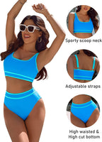 Emoswims - Women's High Waisted Bikini Sets Sporty Two Piece Swimsuits Color Block Cheeky High Cut Bathing Suits