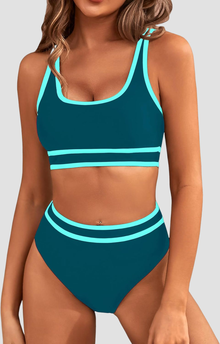 Emoswims - Women's High Waisted Bikini Sets Sporty Two Piece Swimsuits Color Block Cheeky High Cut Bathing Suits