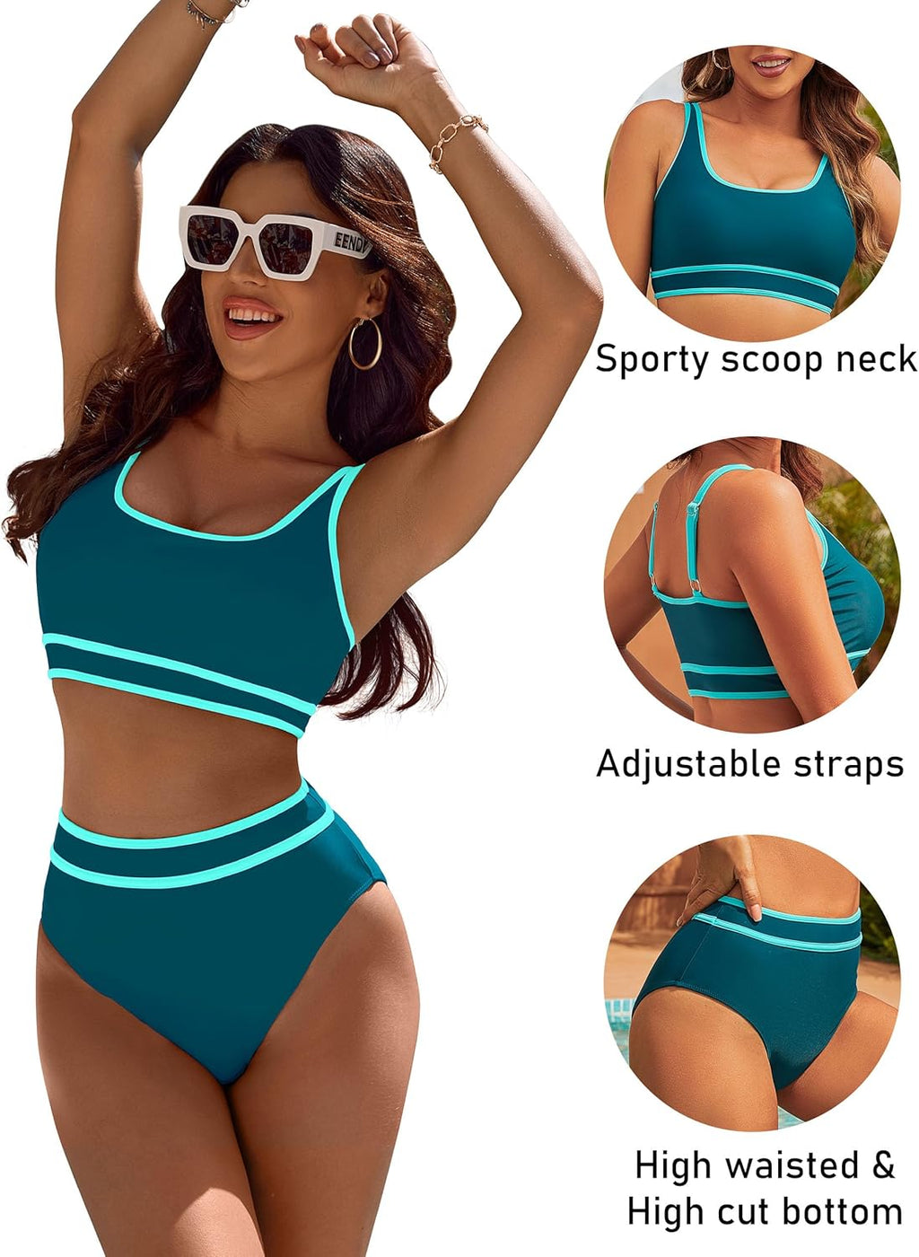 Emoswims - Women's High Waisted Bikini Sets Sporty Two Piece Swimsuits Color Block Cheeky High Cut Bathing Suits