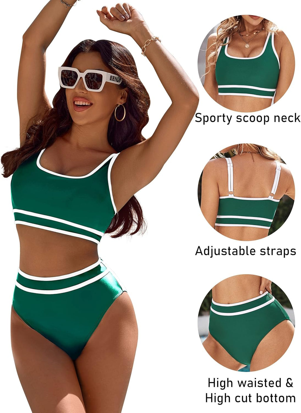 Emoswims - Women's High Waisted Bikini Sets Sporty Two Piece Swimsuits Color Block Cheeky High Cut Bathing Suits