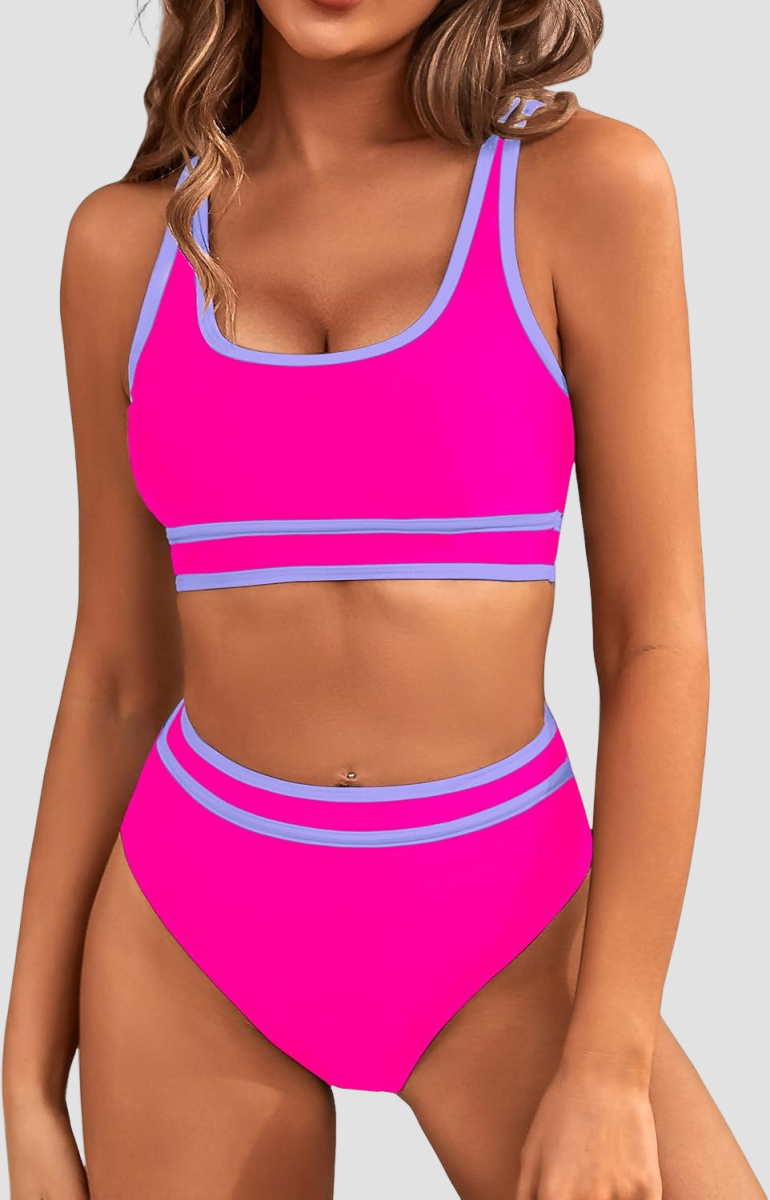 Emoswims - Women's High Waisted Bikini Sets Sporty Two Piece Swimsuits Color Block Cheeky High Cut Bathing Suits