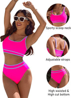 Emoswims - Women's High Waisted Bikini Sets Sporty Two Piece Swimsuits Color Block Cheeky High Cut Bathing Suits