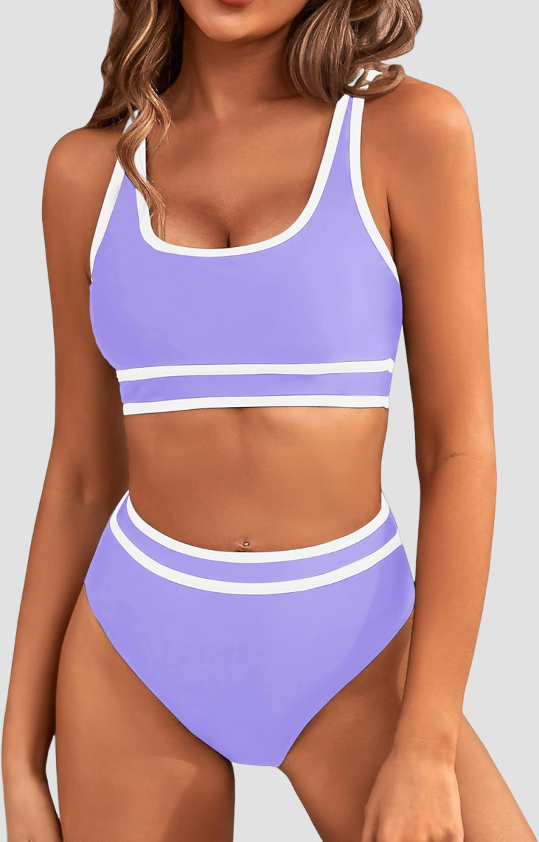 Emoswims - Women's High Waisted Bikini Sets Sporty Two Piece Swimsuits Color Block Cheeky High Cut Bathing Suits