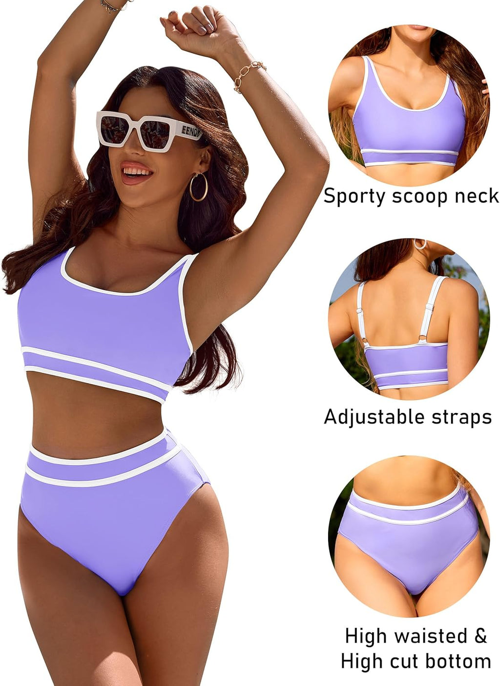 Emoswims - Women's High Waisted Bikini Sets Sporty Two Piece Swimsuits Color Block Cheeky High Cut Bathing Suits